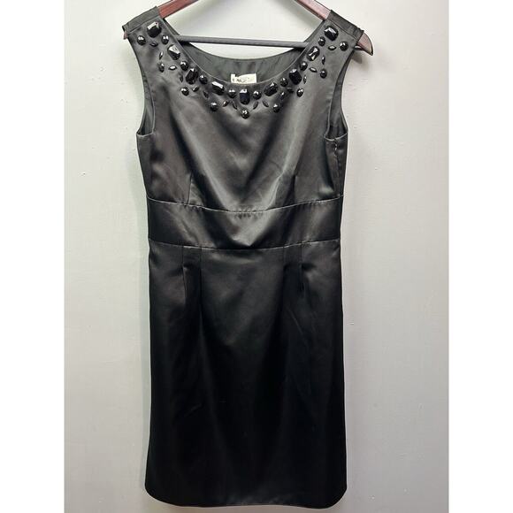 Ann Taylor Loft Black Satin Beaded Cocktail Dress‎ Womens 10 Party Classic - Picture 1 of 9